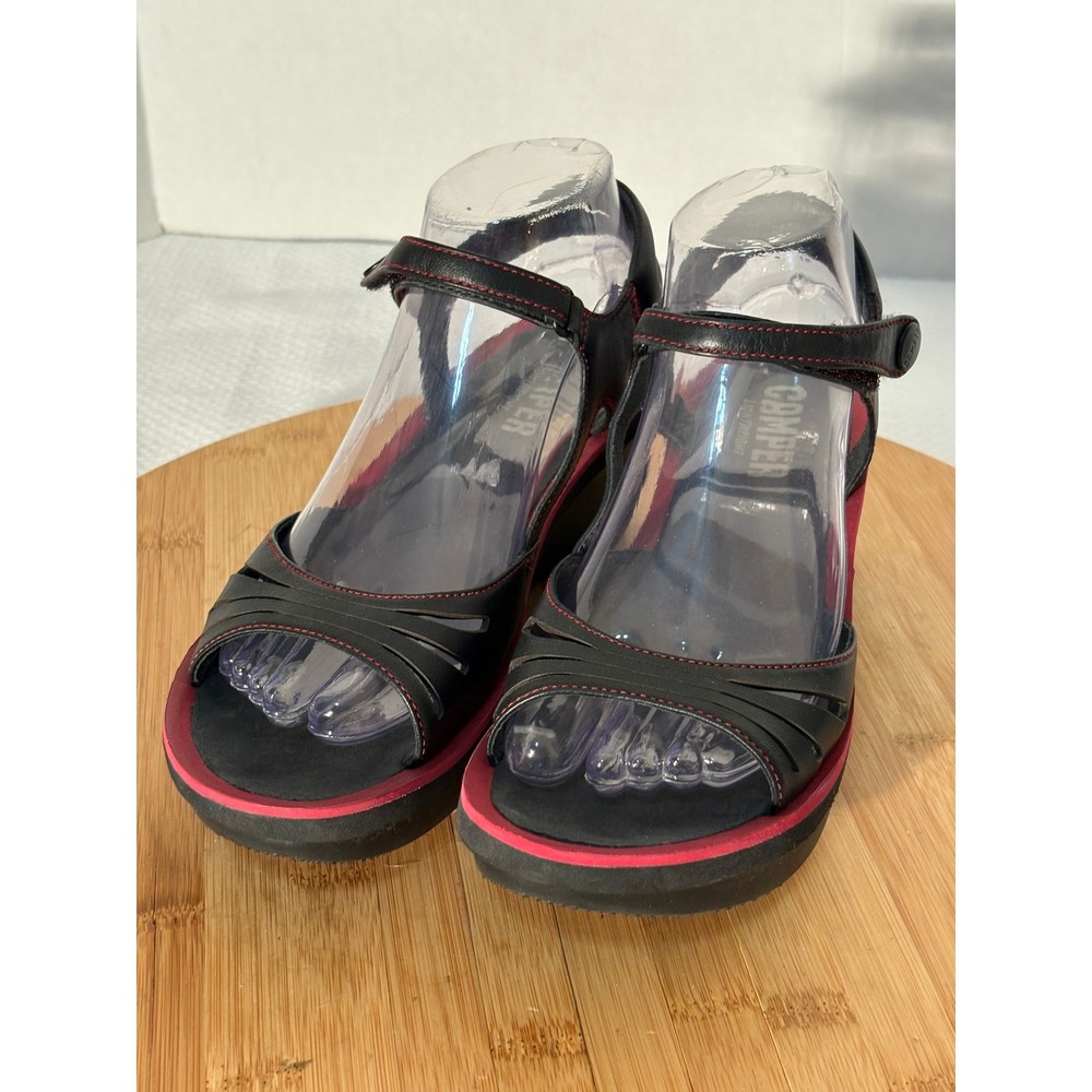 Camper Human Energy Alicia Black Leather Red Stitch Wedge Sandals Womens 38
